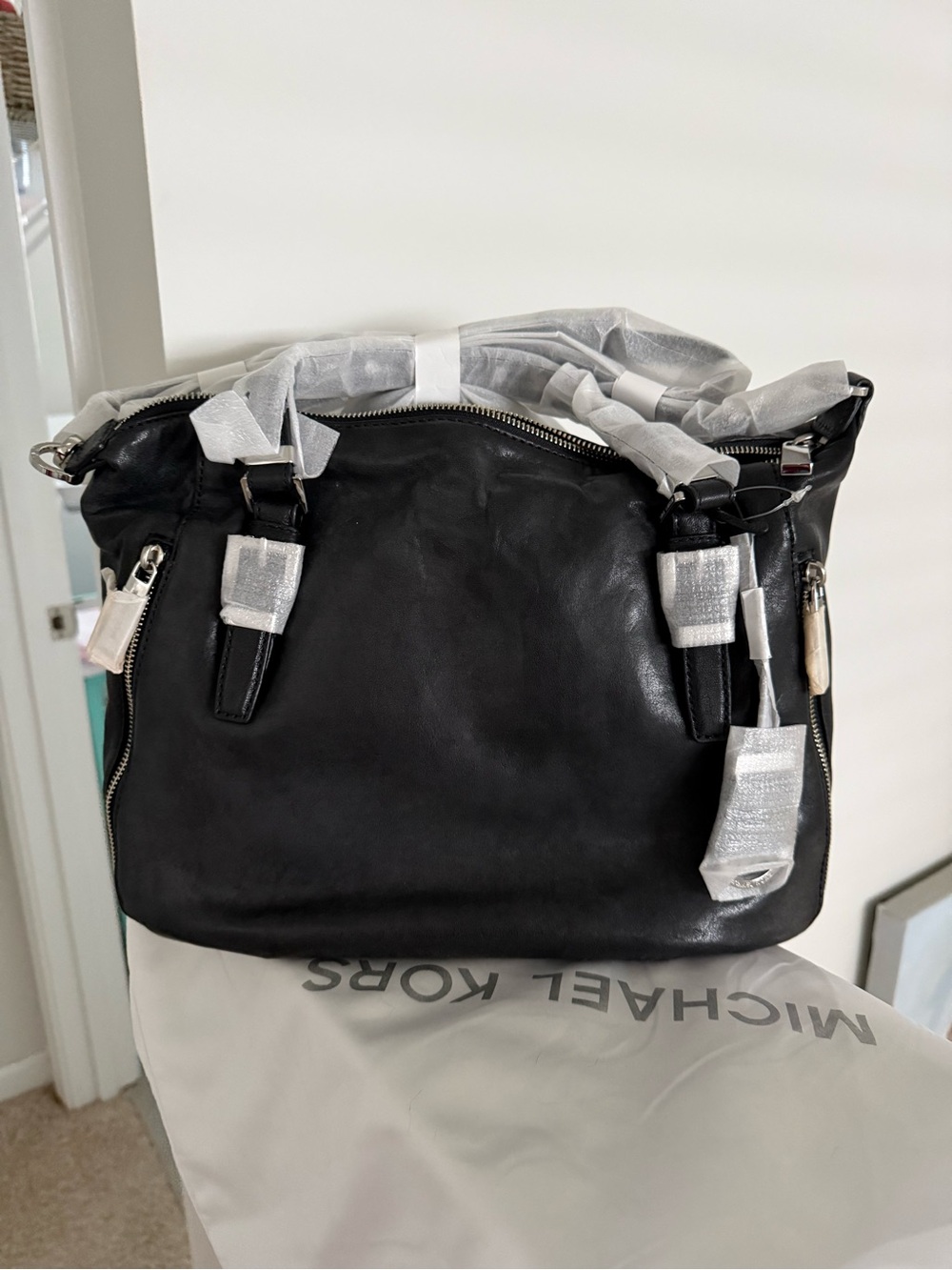 Michael Kors Essex Black Leather Messenger Bag with Silver Hardware